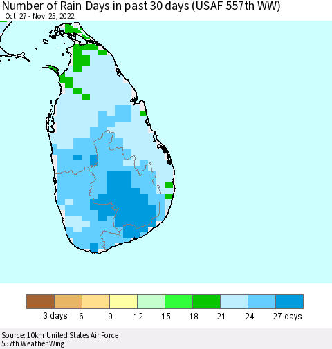 Sri Lanka Number of Rain Days in past 30 days (USAF 557th WW) 11/25/2022 Thematic Map For 11/21/2022 - 11/25/2022
