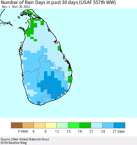 Sri Lanka Number of Rain Days in past 30 days (USAF 557th WW) Thematic Map For 11/26/2022 - 11/30/2022