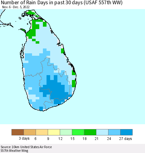 Sri Lanka Number of Rain Days in past 30 days (USAF 557th WW) Thematic Map For 12/1/2022 - 12/5/2022
