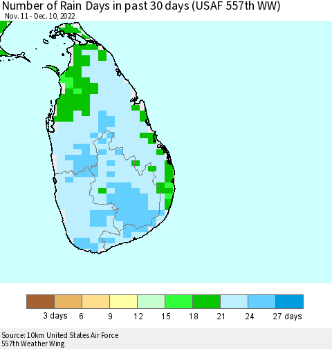 Sri Lanka Number of Rain Days in past 30 days (USAF 557th WW) 12/10/2022 Thematic Map For 12/6/2022 - 12/10/2022