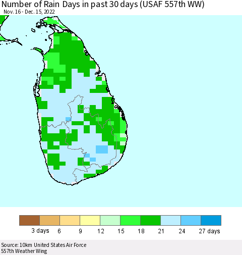 Sri Lanka Number of Rain Days in past 30 days (USAF 557th WW) 12/15/2022 Thematic Map For 12/11/2022 - 12/15/2022