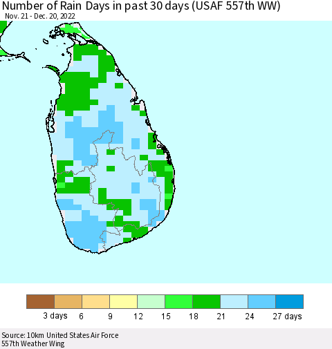 Sri Lanka Number of Rain Days in past 30 days (USAF 557th WW) 12/20/2022 Thematic Map For 12/16/2022 - 12/20/2022