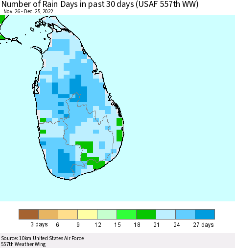 Sri Lanka Number of Rain Days in past 30 days (USAF 557th WW) 12/25/2022 Thematic Map For 12/21/2022 - 12/25/2022