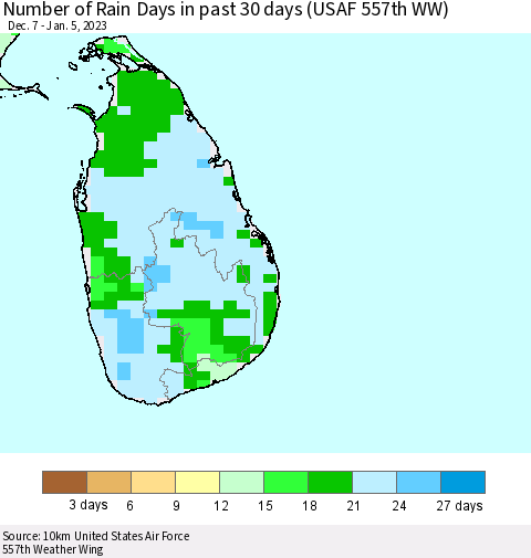 Sri Lanka Number of Rain Days in past 30 days (USAF 557th WW) 01/05/2023 Thematic Map For 1/1/2023 - 1/5/2023