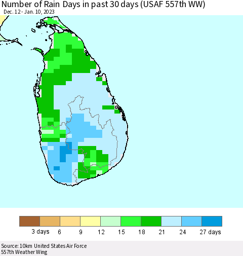 Sri Lanka Number of Rain Days in past 30 days (USAF 557th WW) 01/10/2023 Thematic Map For 1/6/2023 - 1/10/2023