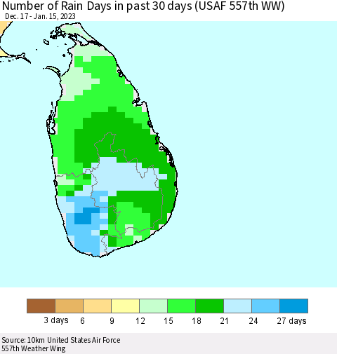 Sri Lanka Number of Rain Days in past 30 days (USAF 557th WW) Thematic Map For 1/11/2023 - 1/15/2023