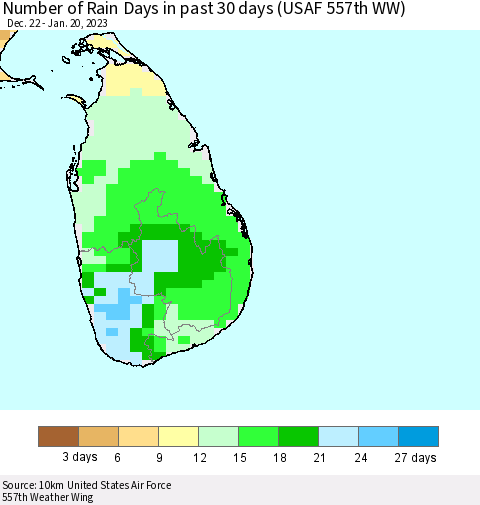 Sri Lanka Number of Rain Days in past 30 days (USAF 557th WW) 01/20/2023 Thematic Map For 1/16/2023 - 1/20/2023