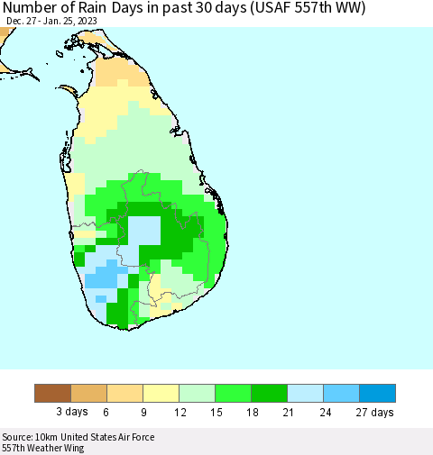 Sri Lanka Number of Rain Days in past 30 days (USAF 557th WW) 01/25/2023 Thematic Map For 1/21/2023 - 1/25/2023