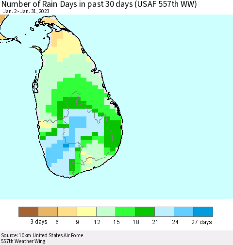 Sri Lanka Number of Rain Days in past 30 days (USAF 557th WW) 01/31/2023 Thematic Map For 1/26/2023 - 1/31/2023