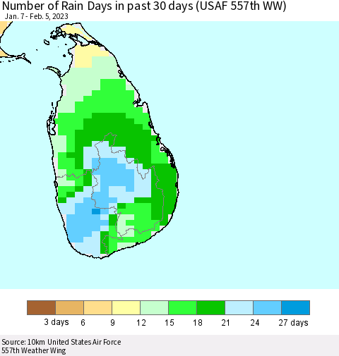 Sri Lanka Number of Rain Days in past 30 days (USAF 557th WW) 02/05/2023 Thematic Map For 2/1/2023 - 2/5/2023