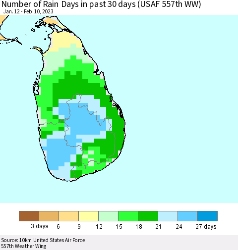 Sri Lanka Number of Rain Days in past 30 days (USAF 557th WW) 02/10/2023 Thematic Map For 2/6/2023 - 2/10/2023