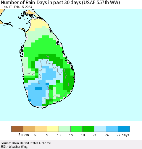 Sri Lanka Number of Rain Days in past 30 days (USAF 557th WW) 02/15/2023 Thematic Map For 2/11/2023 - 2/15/2023