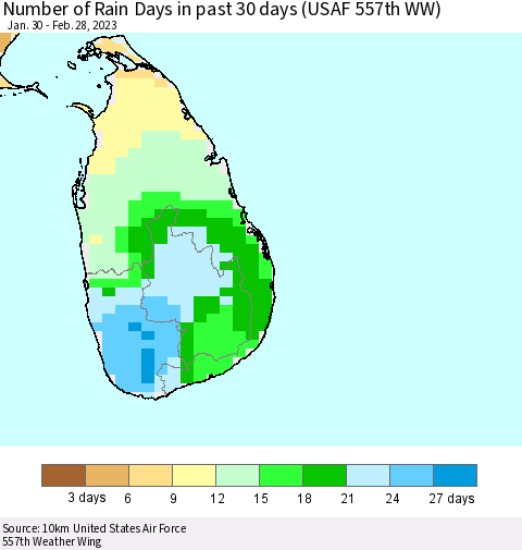 Sri Lanka Number of Rain Days in past 30 days (USAF 557th WW) Thematic Map For 2/26/2023 - 2/28/2023