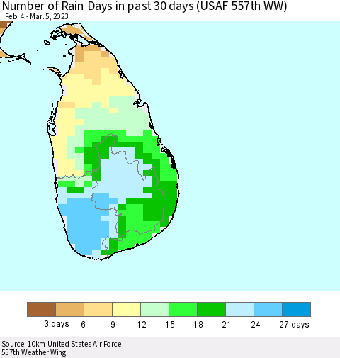 Sri Lanka Number of Rain Days in past 30 days (USAF 557th WW) 03/05/2023 Thematic Map For 3/1/2023 - 3/5/2023