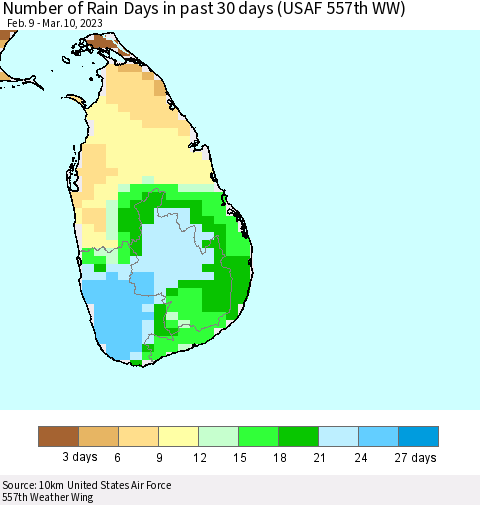 Sri Lanka Number of Rain Days in past 30 days (USAF 557th WW) 03/10/2023 Thematic Map For 3/6/2023 - 3/10/2023