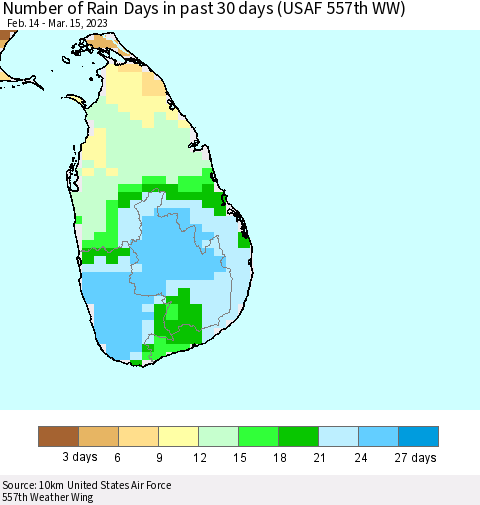 Sri Lanka Number of Rain Days in past 30 days (USAF 557th WW) 03/15/2023 Thematic Map For 3/11/2023 - 3/15/2023