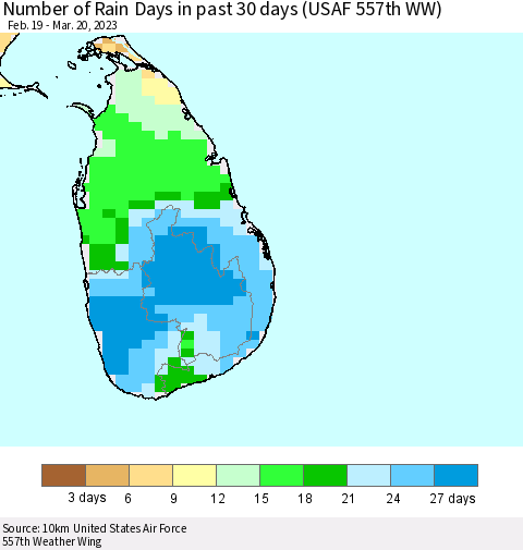 Sri Lanka Number of Rain Days in past 30 days (USAF 557th WW) 03/20/2023 Thematic Map For 3/16/2023 - 3/20/2023