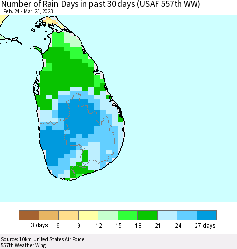Sri Lanka Number of Rain Days in past 30 days (USAF 557th WW) 03/25/2023 Thematic Map For 3/21/2023 - 3/25/2023