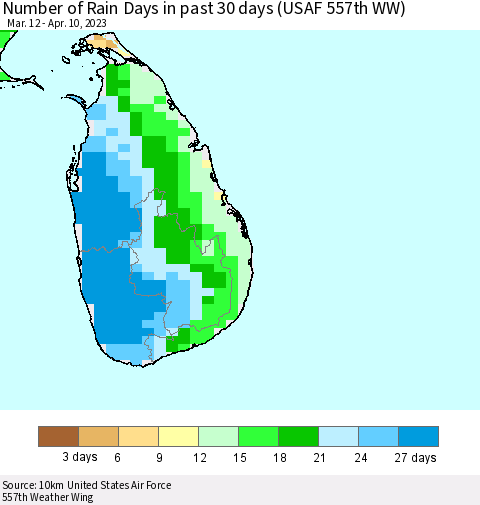 Sri Lanka Number of Rain Days in past 30 days (USAF 557th WW) 04/10/2023 Thematic Map For 4/6/2023 - 4/10/2023