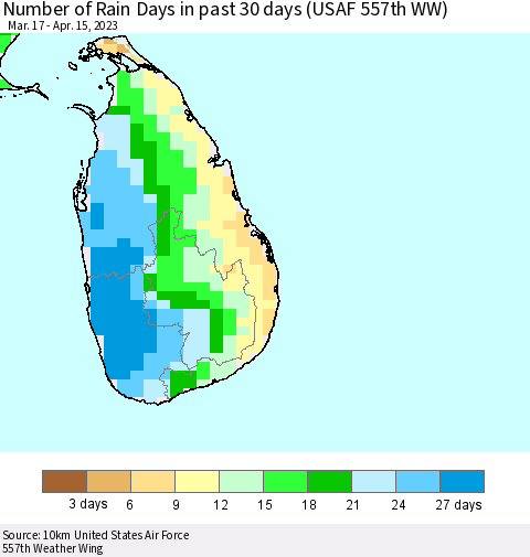 Sri Lanka Number of Rain Days in past 30 days (USAF 557th WW) 04/15/2023 Thematic Map For 4/11/2023 - 4/15/2023