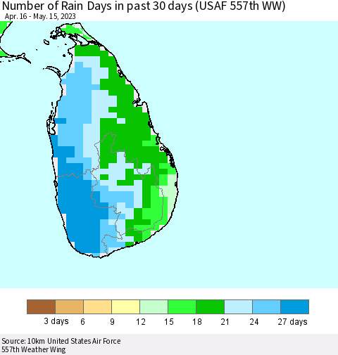 Sri Lanka Number of Rain Days in past 30 days (USAF 557th WW) 05/15/2023 Thematic Map For 5/11/2023 - 5/15/2023