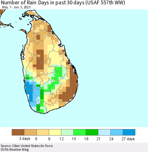 Sri Lanka Number of Rain Days in past 30 days (USAF 557th WW) 06/05/2023 Thematic Map For 6/1/2023 - 6/5/2023