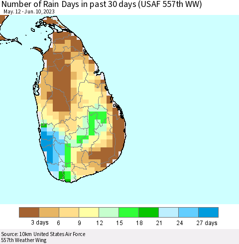 Sri Lanka Number of Rain Days in past 30 days (USAF 557th WW) 06/10/2023 Thematic Map For 6/6/2023 - 6/10/2023