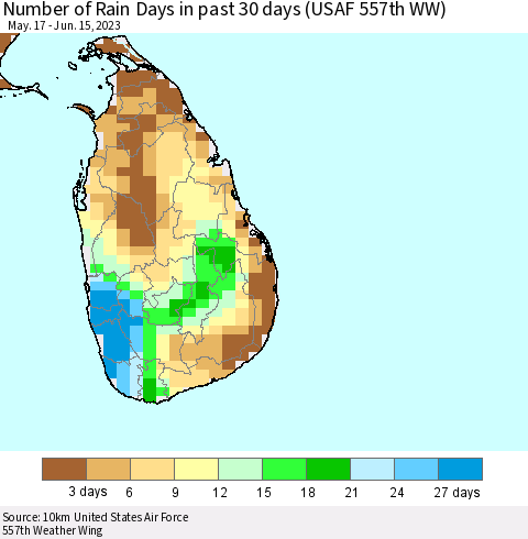 Sri Lanka Number of Rain Days in past 30 days (USAF 557th WW) 06/15/2023 Thematic Map For 6/11/2023 - 6/15/2023