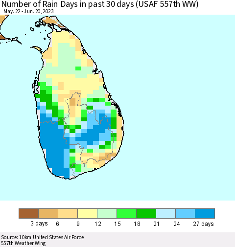 Sri Lanka Number of Rain Days in past 30 days (USAF 557th WW) 06/20/2023 Thematic Map For 6/16/2023 - 6/20/2023