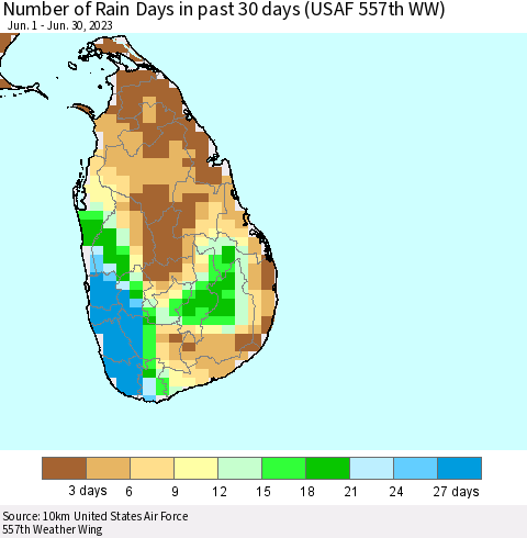 Sri Lanka Number of Rain Days in past 30 days (USAF 557th WW) 06/30/2023 Thematic Map For 6/26/2023 - 6/30/2023