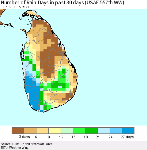 Sri Lanka Number of Rain Days in past 30 days (USAF 557th WW) 07/05/2023 Thematic Map For 7/1/2023 - 7/5/2023