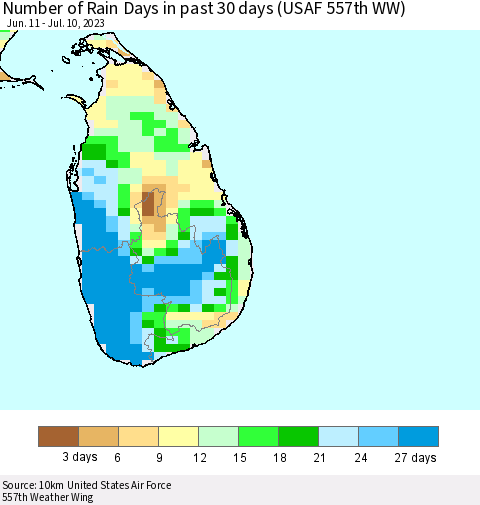 Sri Lanka Number of Rain Days in past 30 days (USAF 557th WW) 07/10/2023 Thematic Map For 7/6/2023 - 7/10/2023