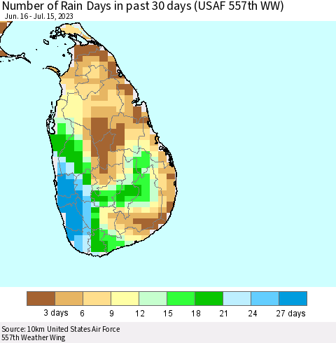 Sri Lanka Number of Rain Days in past 30 days (USAF 557th WW) 07/15/2023 Thematic Map For 7/11/2023 - 7/15/2023