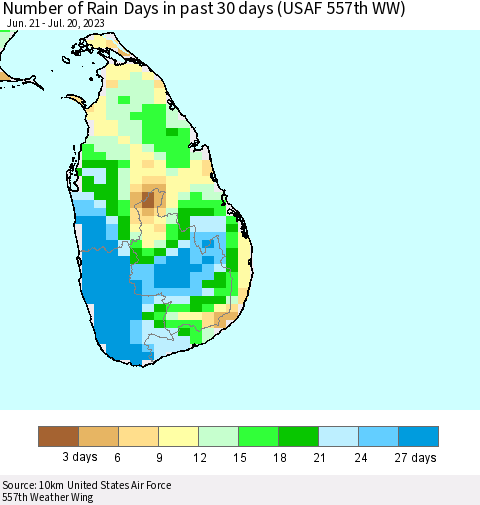 Sri Lanka Number of Rain Days in past 30 days (USAF 557th WW) 07/20/2023 Thematic Map For 7/16/2023 - 7/20/2023