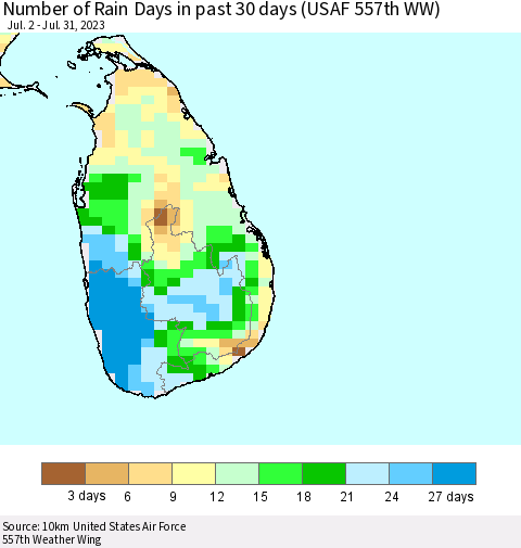 Sri Lanka Number of Rain Days in past 30 days (USAF 557th WW) 07/31/2023 Thematic Map For 7/26/2023 - 7/31/2023