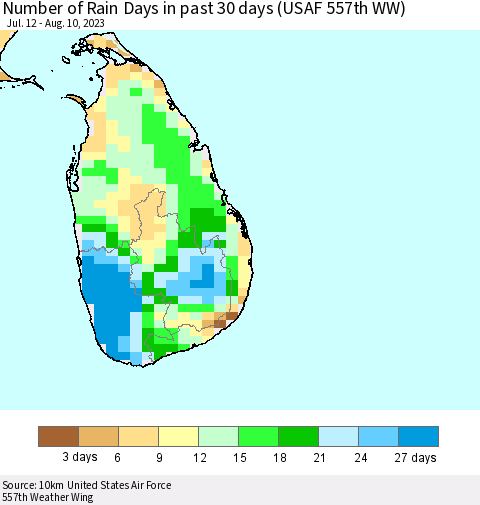 Sri Lanka Number of Rain Days in past 30 days (USAF 557th WW) 08/10/2023 Thematic Map For 8/6/2023 - 8/10/2023