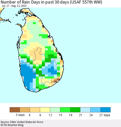Sri Lanka Number of Rain Days in past 30 days (USAF 557th WW) 08/15/2023 Thematic Map For 8/11/2023 - 8/15/2023