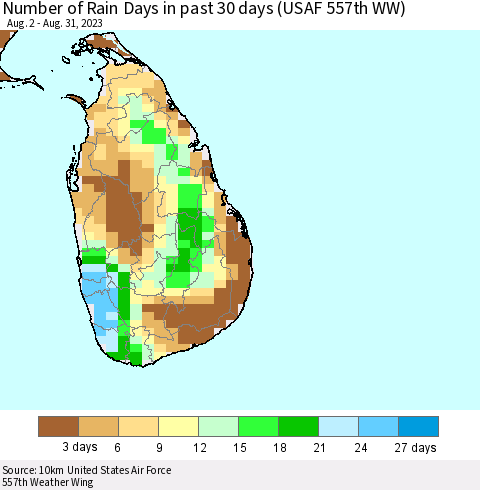Sri Lanka Number of Rain Days in past 30 days (USAF 557th WW) 08/31/2023 Thematic Map For 8/26/2023 - 8/31/2023