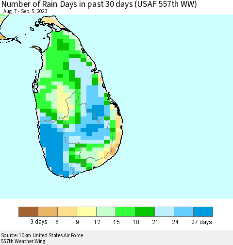 Sri Lanka Number of Rain Days in past 30 days (USAF 557th WW) 09/05/2023 Thematic Map For 9/1/2023 - 9/5/2023