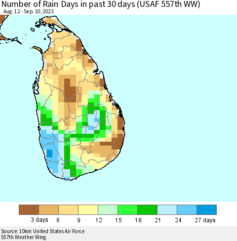 Sri Lanka Number of Rain Days in past 30 days (USAF 557th WW) 09/10/2023 Thematic Map For 9/6/2023 - 9/10/2023
