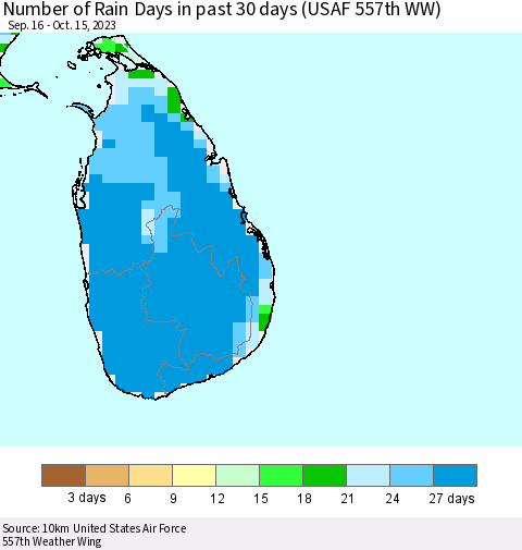 Sri Lanka Number of Rain Days in past 30 days (USAF 557th WW) 10/15/2023 Thematic Map For 10/11/2023 - 10/15/2023