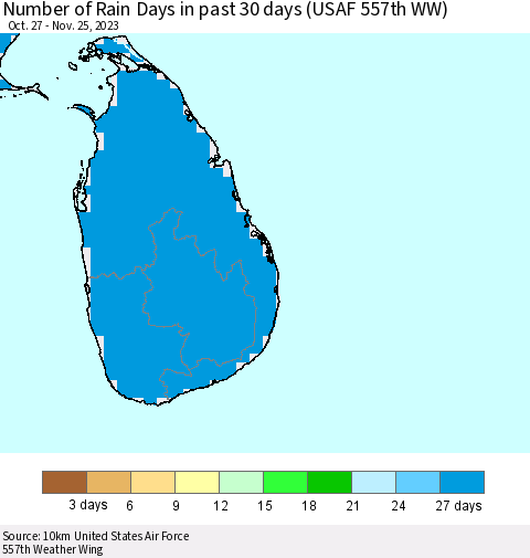 Sri Lanka Number of Rain Days in past 30 days (USAF 557th WW) 11/25/2023 Thematic Map For 11/21/2023 - 11/25/2023