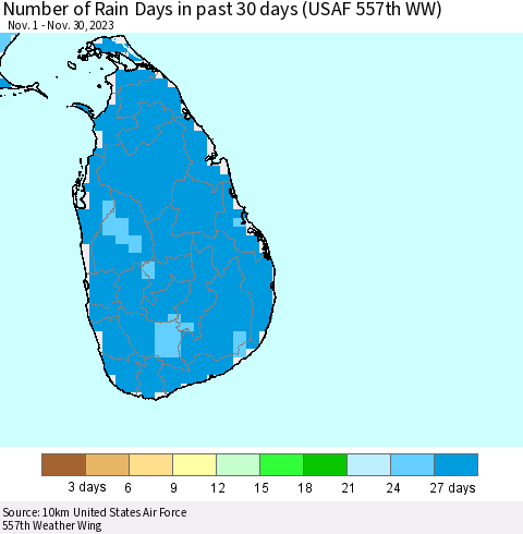 Sri Lanka Number of Rain Days in past 30 days (USAF 557th WW) 11/30/2023 Thematic Map For 11/26/2023 - 11/30/2023