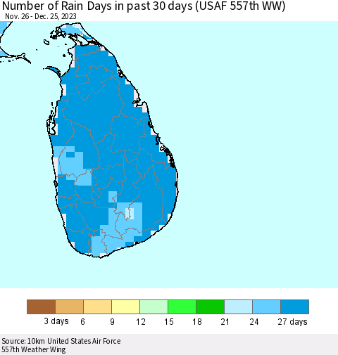 Sri Lanka Number of Rain Days in past 30 days (USAF 557th WW) 12/25/2023 Thematic Map For 12/21/2023 - 12/25/2023