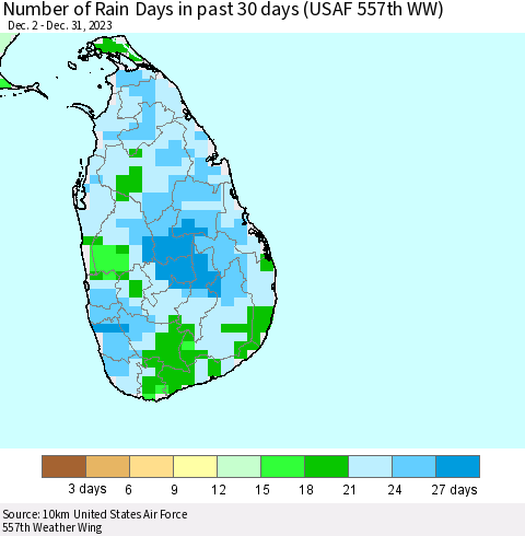 Sri Lanka Number of Rain Days in past 30 days (USAF 557th WW) 12/31/2023 Thematic Map For 12/26/2023 - 12/31/2023