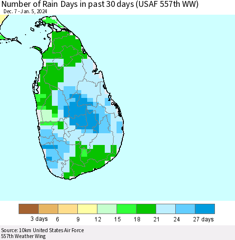 Sri Lanka Number of Rain Days in past 30 days (USAF 557th WW) 01/05/2024 Thematic Map For 1/1/2024 - 1/5/2024