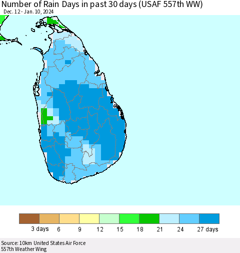 Sri Lanka Number of Rain Days in past 30 days (USAF 557th WW) 01/10/2024 Thematic Map For 1/6/2024 - 1/10/2024
