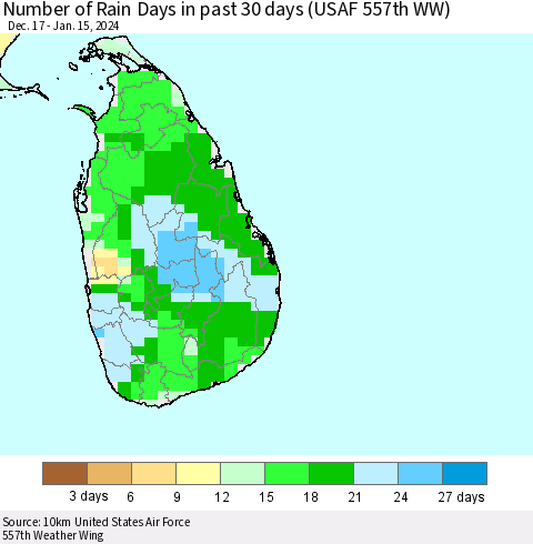 Sri Lanka Number of Rain Days in past 30 days (USAF 557th WW) 01/15/2024 Thematic Map For 1/11/2024 - 1/15/2024