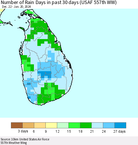 Sri Lanka Number of Rain Days in past 30 days (USAF 557th WW) 01/20/2024 Thematic Map For 1/16/2024 - 1/20/2024