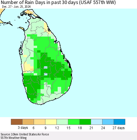 Sri Lanka Number of Rain Days in past 30 days (USAF 557th WW) 01/25/2024 Thematic Map For 1/21/2024 - 1/25/2024